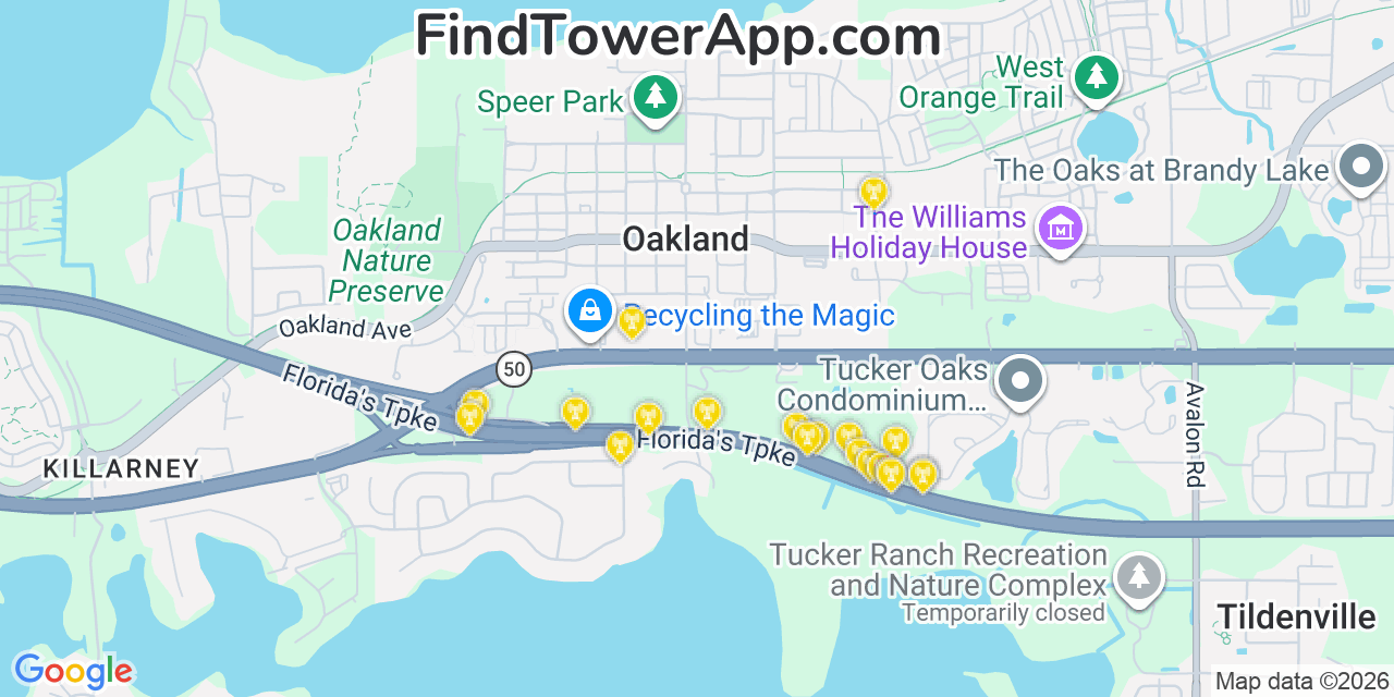 Map showing the 20 primary cell tower locations detected in Oakland, Florida from AT&T, Verizon, and T-Mobile networks