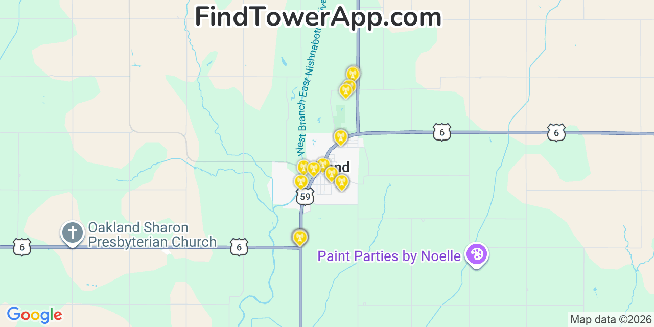 Map showing the 20 primary cell tower locations detected in Oakland, Iowa from AT&T, Verizon, and T-Mobile networks