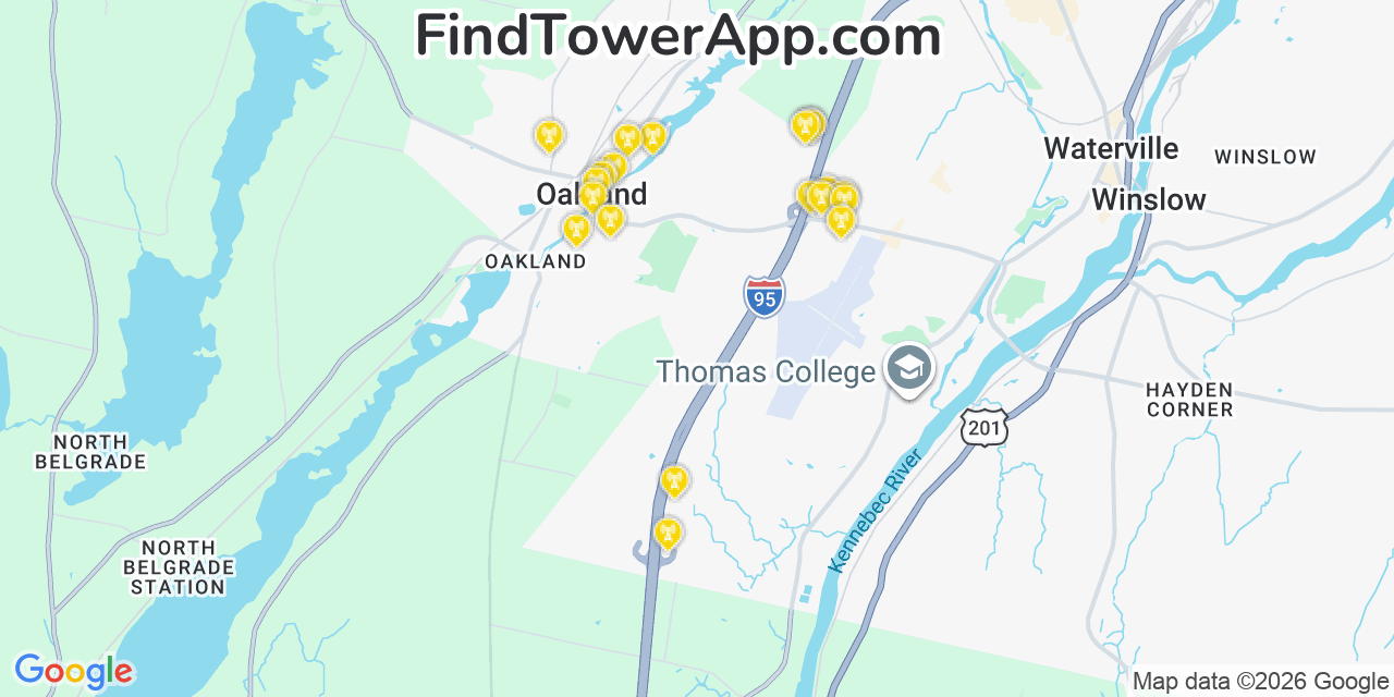 Map showing the 20 primary cell tower locations detected in Oakland, Maine from AT&T, Verizon, and T-Mobile networks