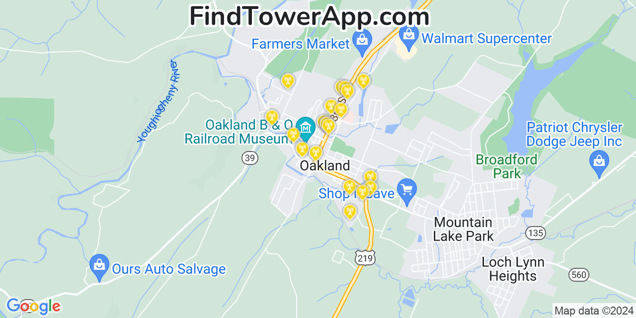 AT&T 4G/5G cell tower coverage map Oakland, Maryland