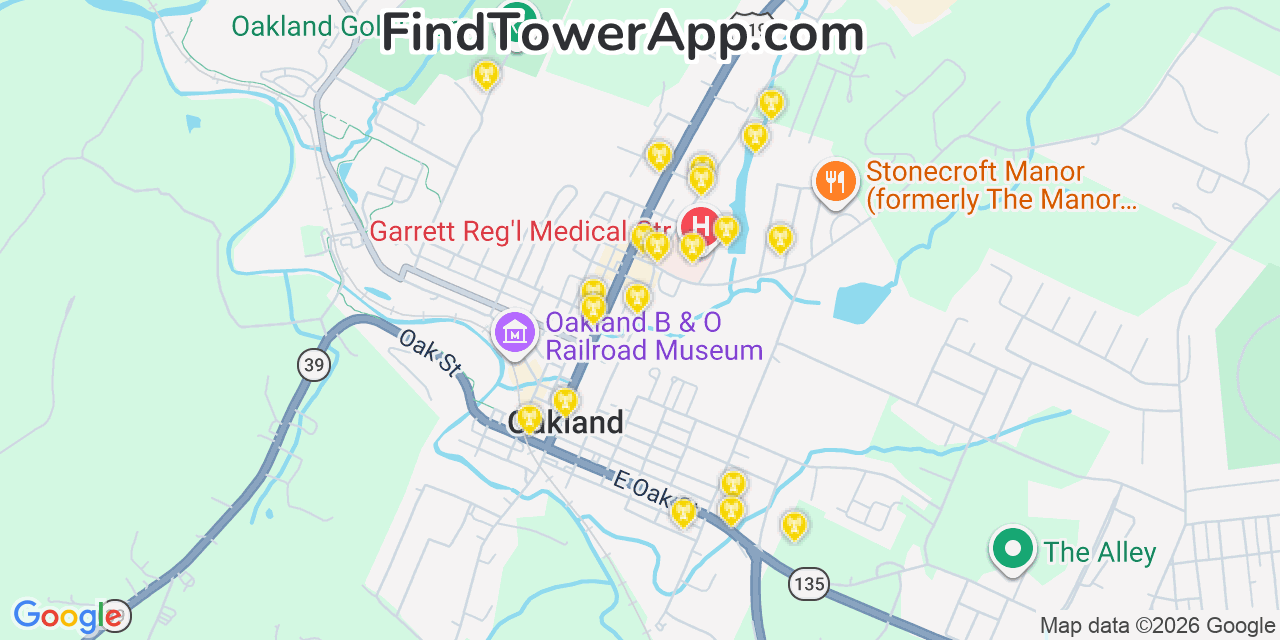 Map showing the 20 primary cell tower locations detected in Oakland, Maryland from AT&T, Verizon, and T-Mobile networks
