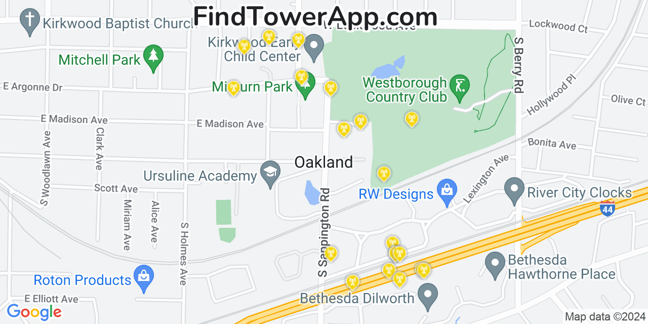 AT&T 4G/5G cell tower coverage map Oakland, Missouri