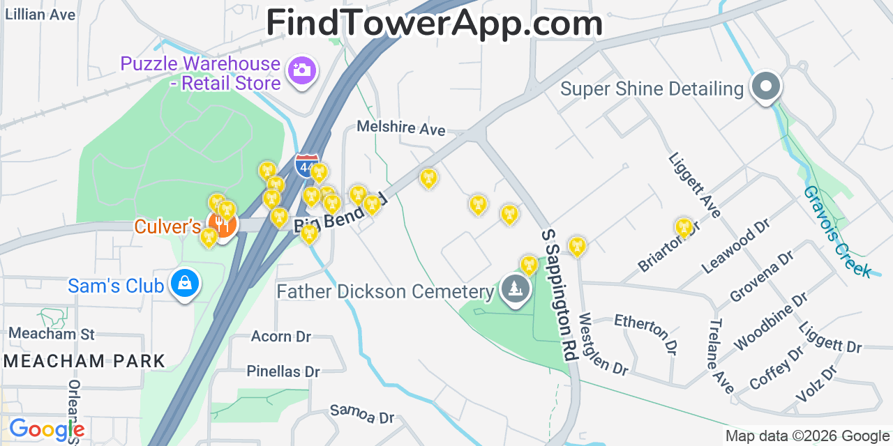 Map showing the 20 primary cell tower locations detected in Oakland, Missouri from AT&T, Verizon, and T-Mobile networks