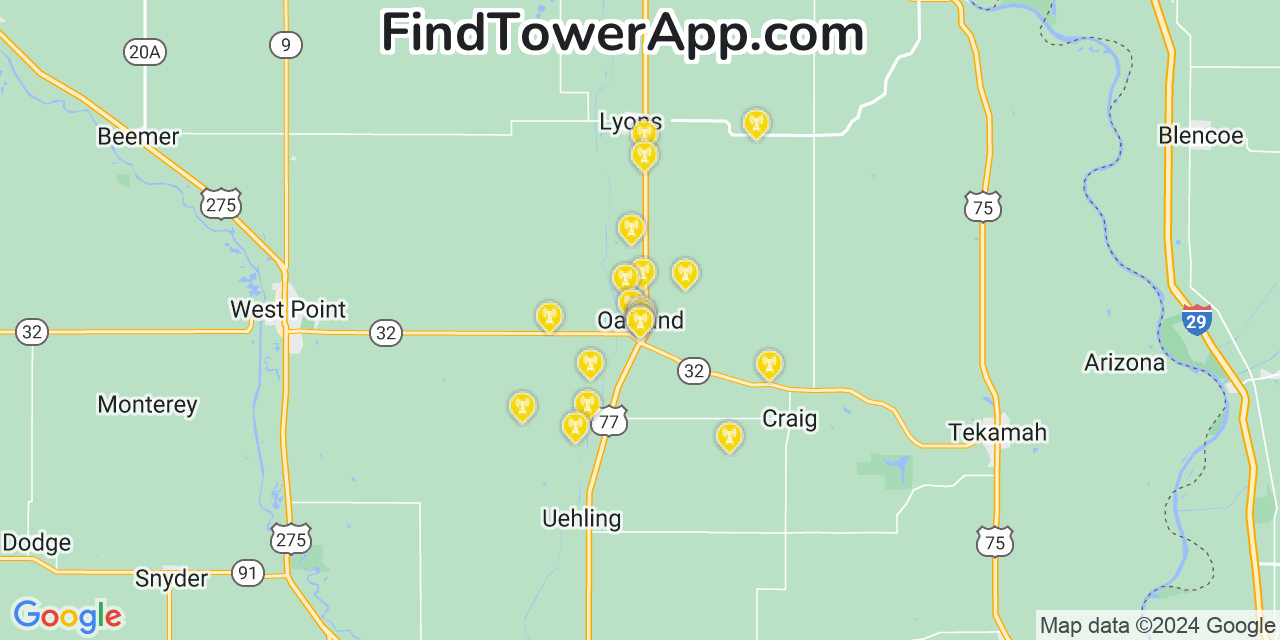 AT&T 4G/5G cell tower coverage map Oakland, Nebraska