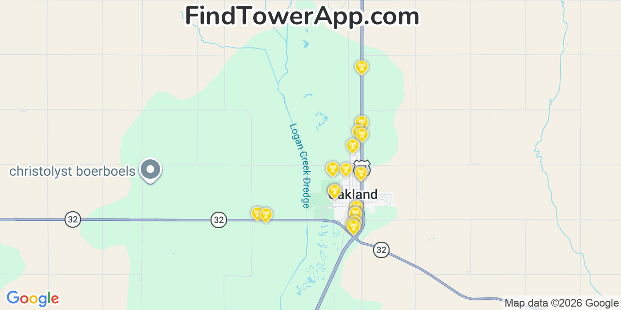 Map showing the 20 primary cell tower locations detected in Oakland, Nebraska from AT&T, Verizon, and T-Mobile networks