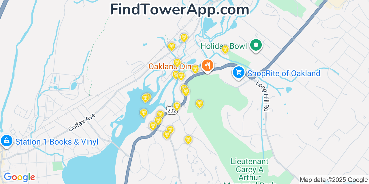 Map showing the 20 primary cell tower locations detected in Oakland, New Jersey from AT&T, Verizon, and T-Mobile networks