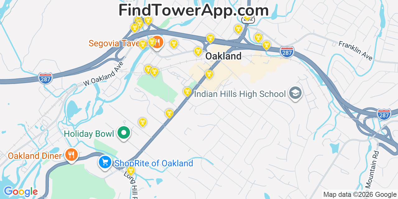 Map showing the 20 primary cell tower locations detected in Oakland, New Jersey from AT&T, Verizon, and T-Mobile networks