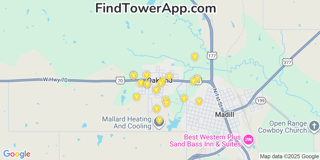 Map showing the 20 primary cell tower locations detected in Oakland, Oklahoma from AT&T, Verizon, and T-Mobile networks