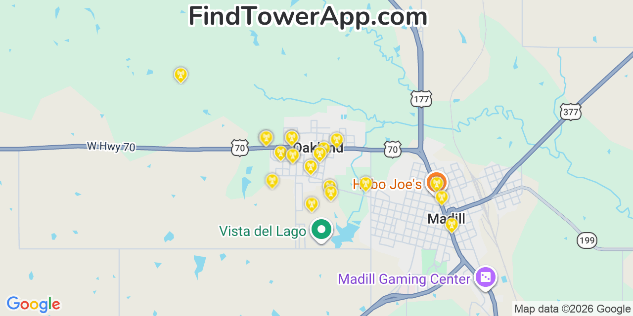 Map showing the 20 primary cell tower locations detected in Oakland, Oklahoma from AT&T, Verizon, and T-Mobile networks