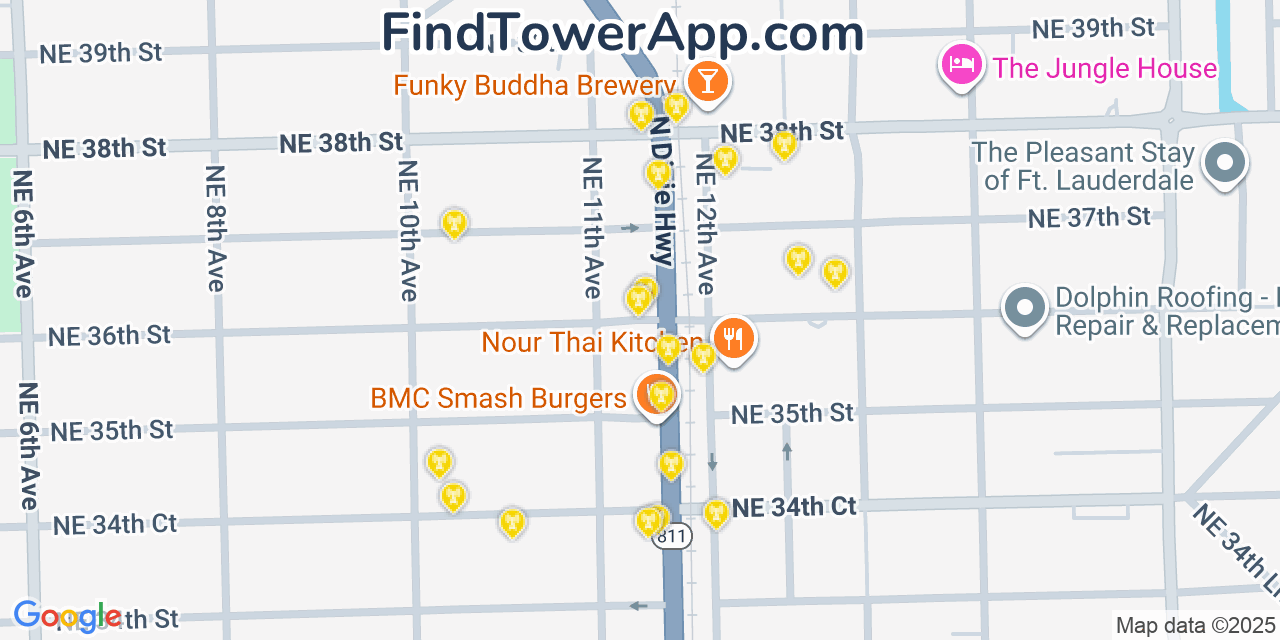 Map showing the 20 primary cell tower locations detected in Oakland Park, Florida from AT&T, Verizon, and T-Mobile networks