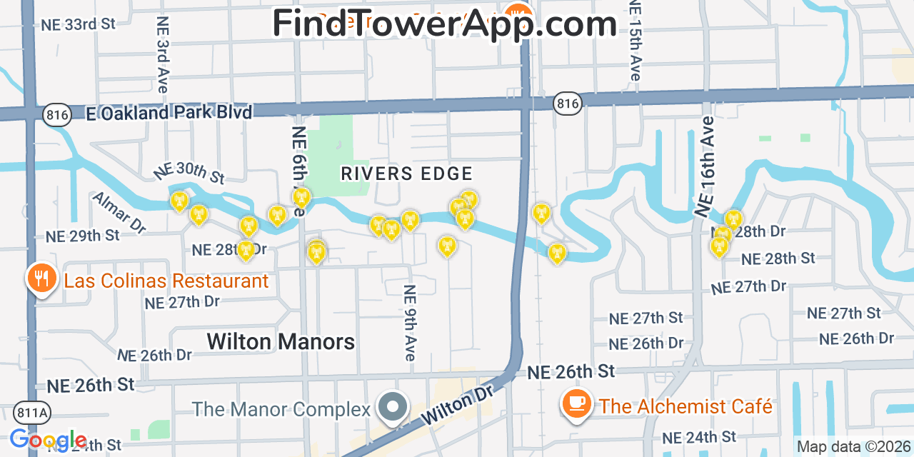 Map showing the 20 primary cell tower locations detected in Oakland Park, Florida from AT&T, Verizon, and T-Mobile networks