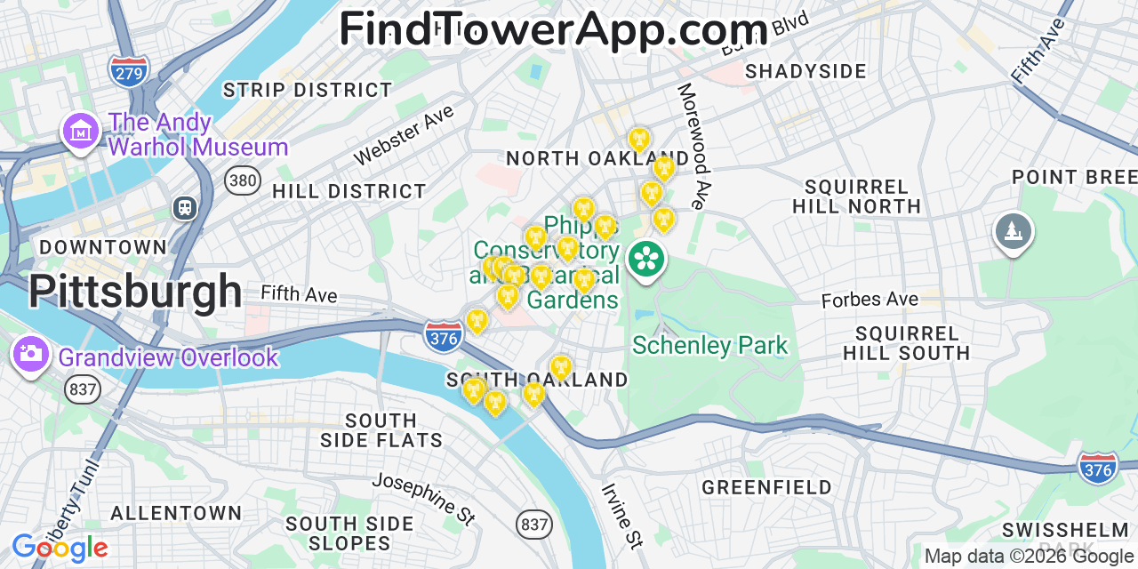 Map showing the 20 primary cell tower locations detected in Oakland, Pennsylvania from AT&T, Verizon, and T-Mobile networks