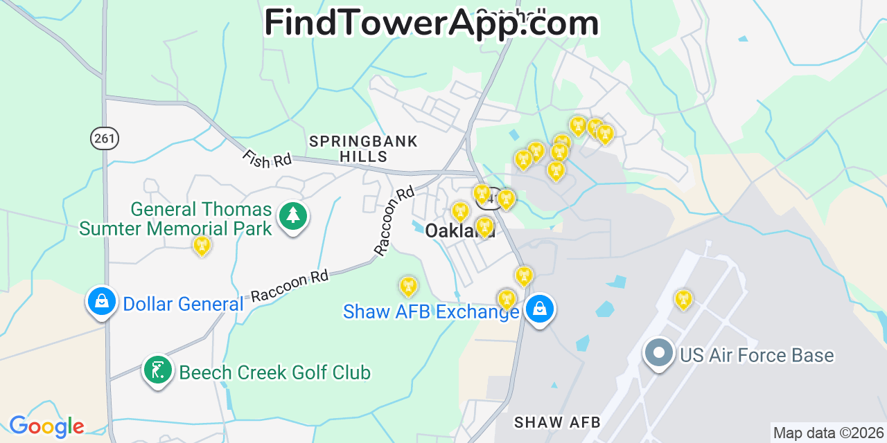 Map showing the 20 primary cell tower locations detected in Oakland, South Carolina from AT&T, Verizon, and T-Mobile networks