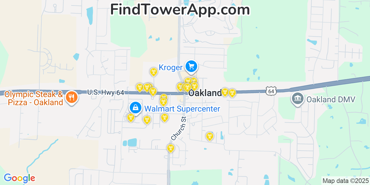 Map showing the 20 primary cell tower locations detected in Oakland, Tennessee from AT&T, Verizon, and T-Mobile networks