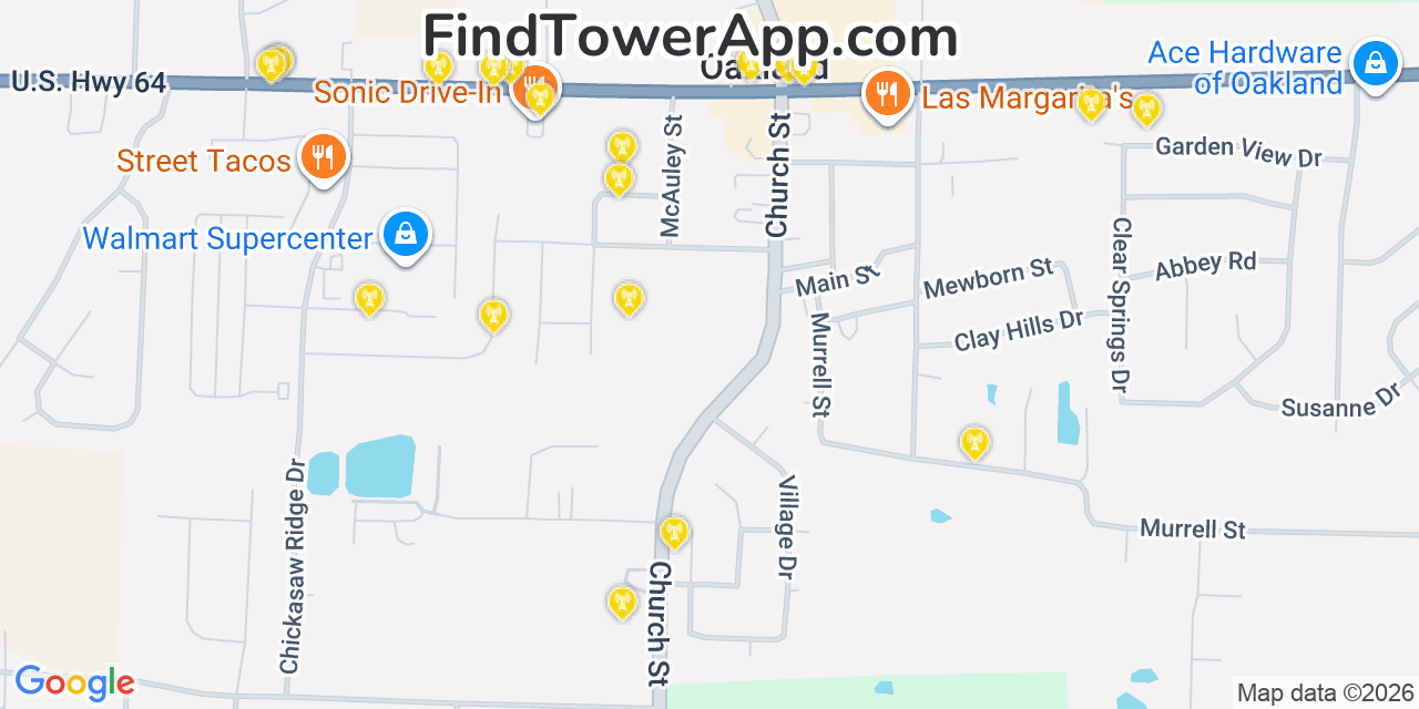 Map showing the 20 primary cell tower locations detected in Oakland, Tennessee from AT&T, Verizon, and T-Mobile networks