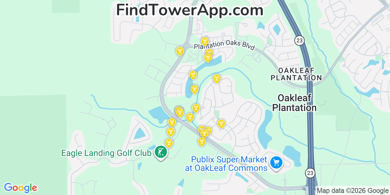 Map showing the 20 primary cell tower locations detected in Oakleaf Plantation, Florida from AT&T, Verizon, and T-Mobile networks