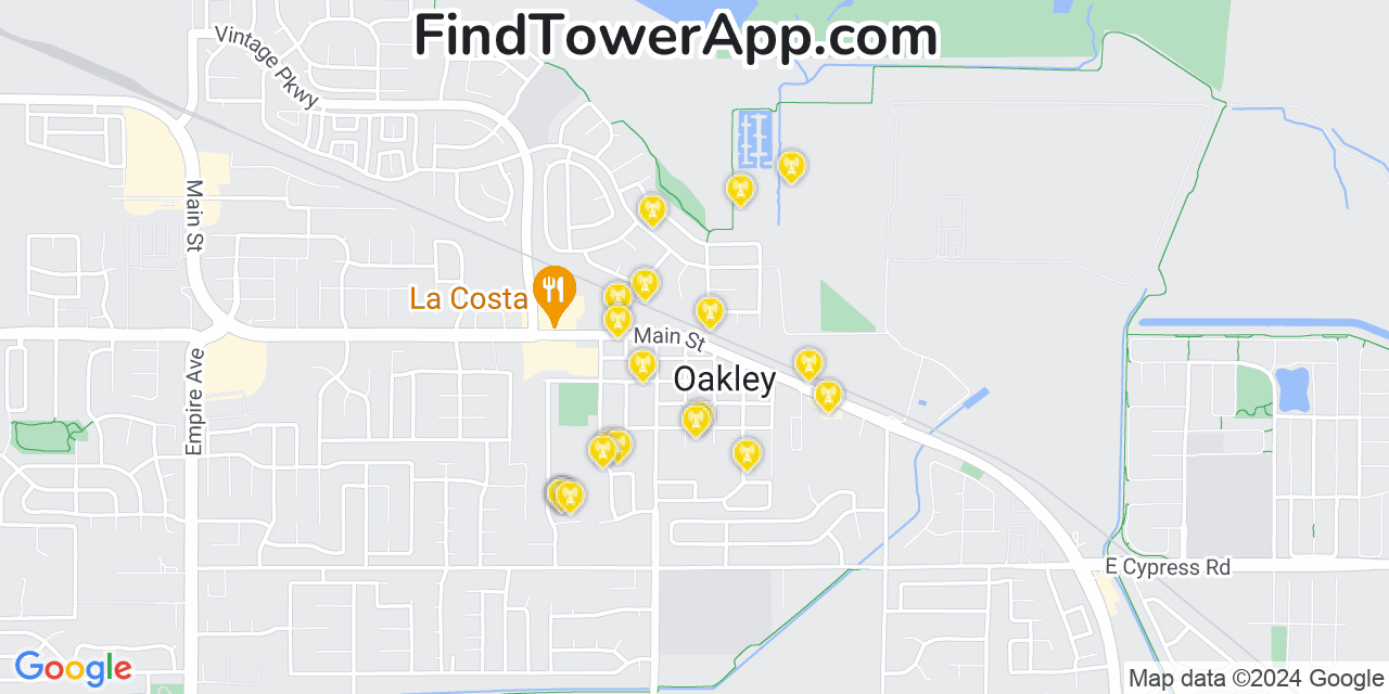 AT&T 4G/5G cell tower coverage map Oakley, California