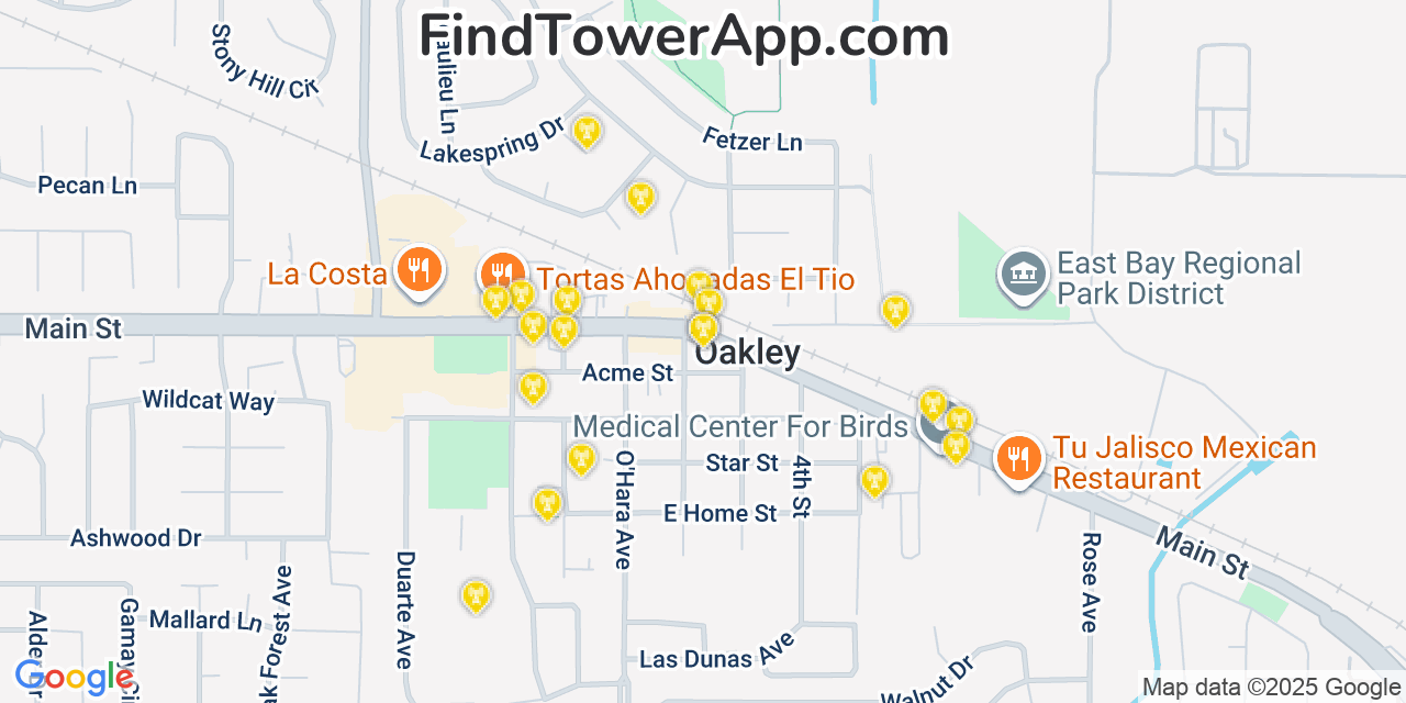 Map showing the 20 primary cell tower locations detected in Oakley, California from AT&T, Verizon, and T-Mobile networks