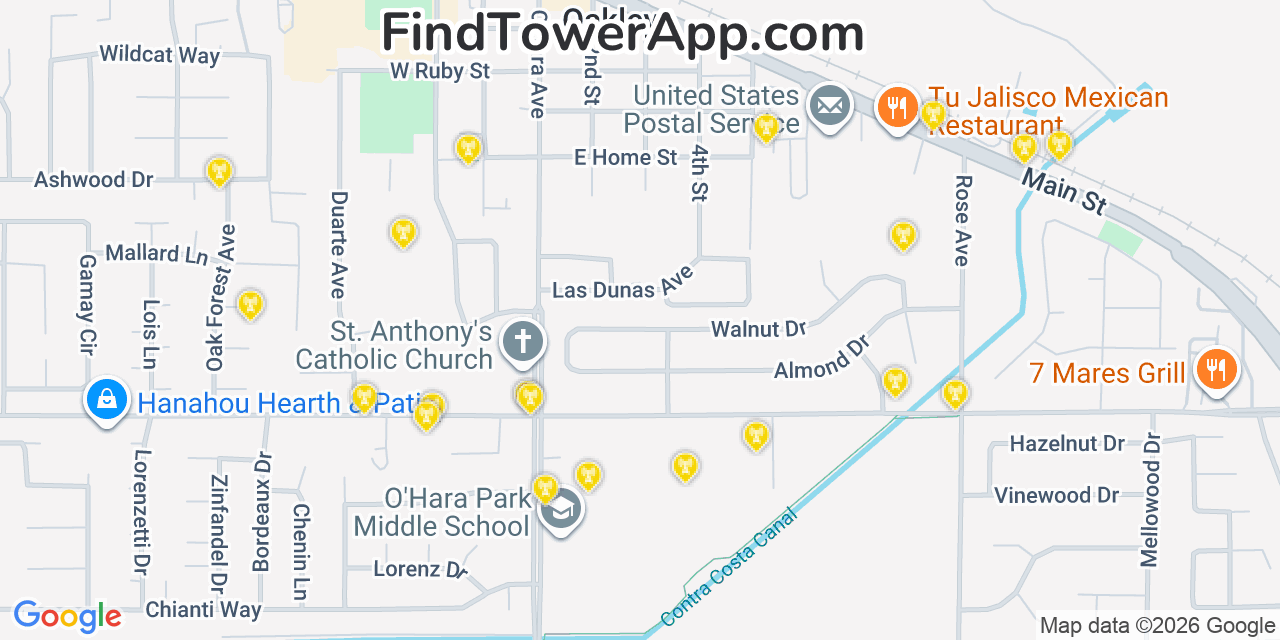 Map showing the 20 primary cell tower locations detected in Oakley, California from AT&T, Verizon, and T-Mobile networks