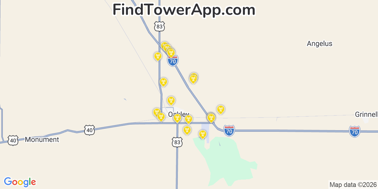 Map showing the 20 primary cell tower locations detected in Oakley, Kansas from AT&T, Verizon, and T-Mobile networks