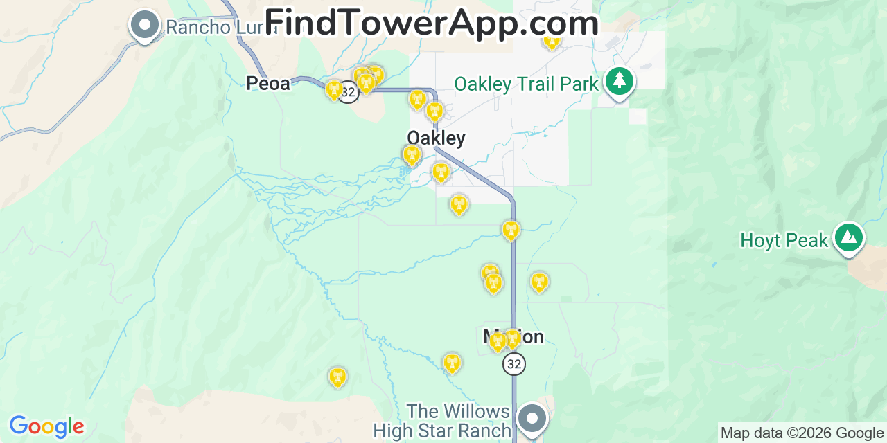 Map showing the 20 primary cell tower locations detected in Oakley, Utah from AT&T, Verizon, and T-Mobile networks