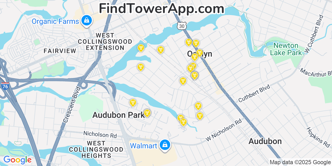 Map showing the 20 primary cell tower locations detected in Oaklyn, New Jersey from AT&T, Verizon, and T-Mobile networks