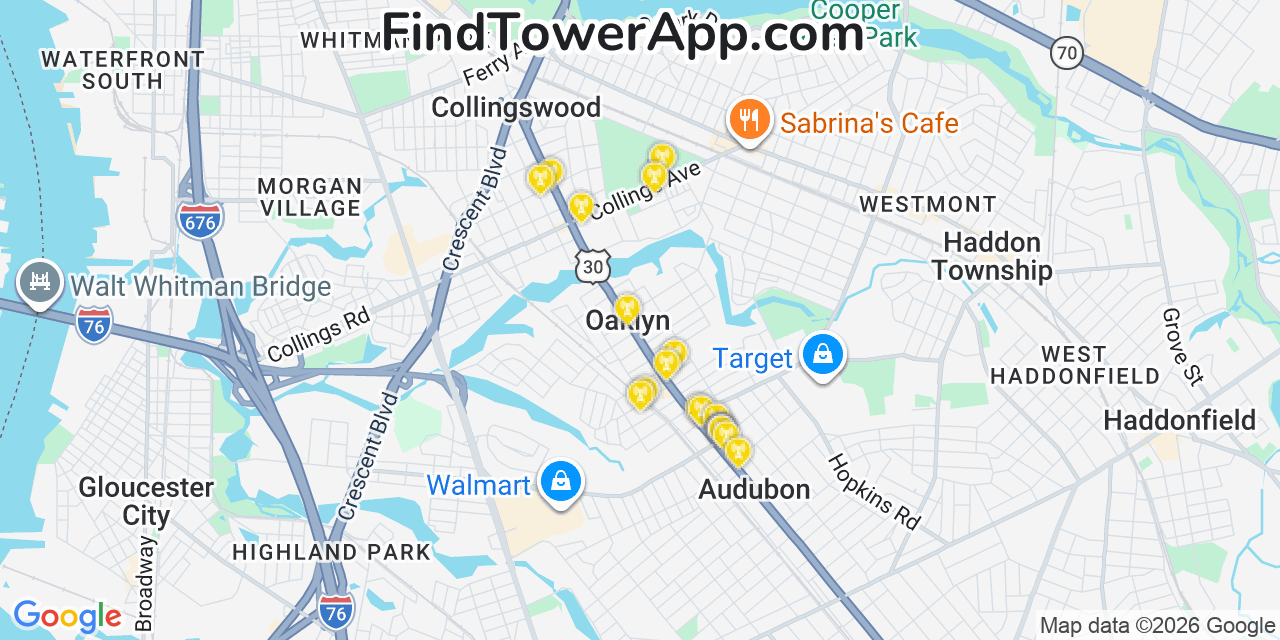 Map showing the 20 primary cell tower locations detected in Oaklyn, New Jersey from AT&T, Verizon, and T-Mobile networks