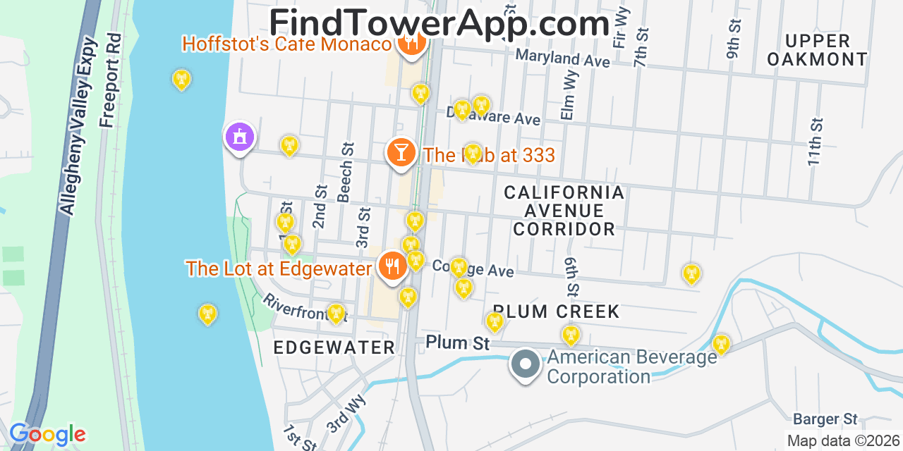 Map showing the 20 primary cell tower locations detected in Oakmont, Pennsylvania from AT&T, Verizon, and T-Mobile networks
