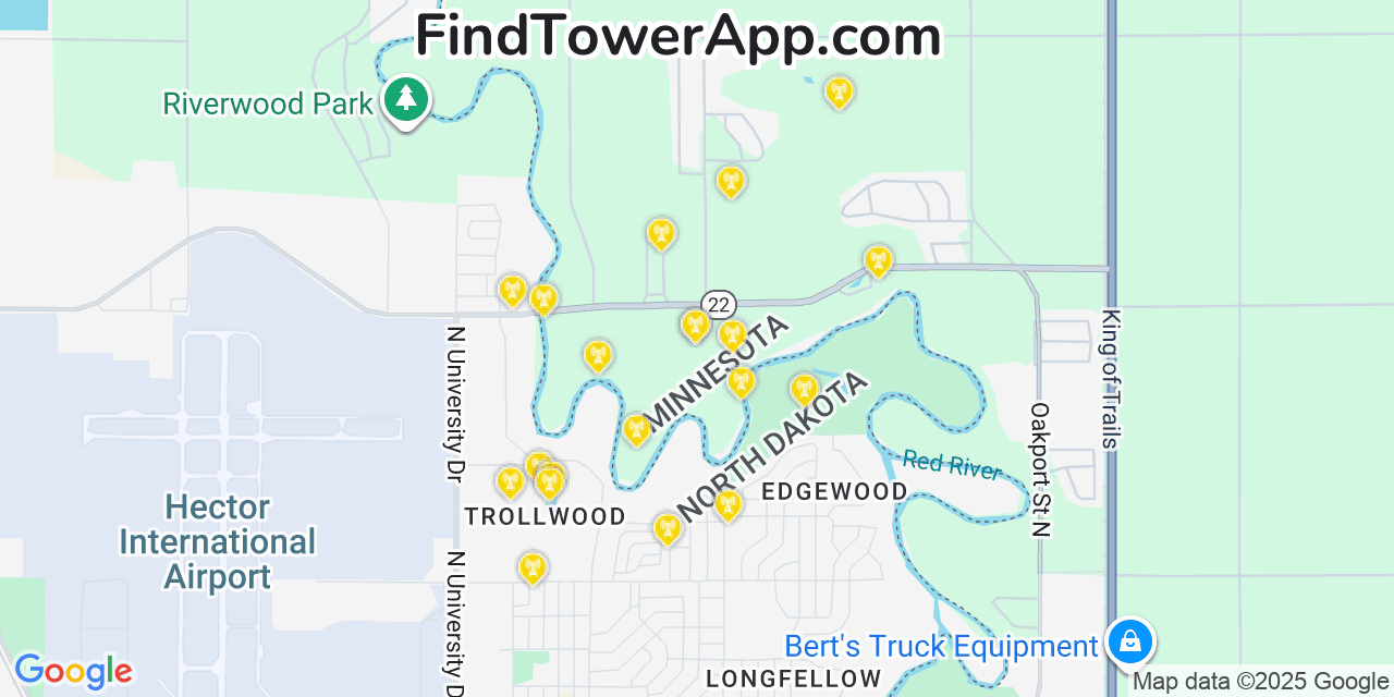 Map showing the 20 primary cell tower locations detected in Oakport, Minnesota from AT&T, Verizon, and T-Mobile networks