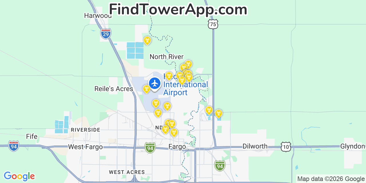 Map showing the 20 primary cell tower locations detected in Oakport, Minnesota from AT&T, Verizon, and T-Mobile networks