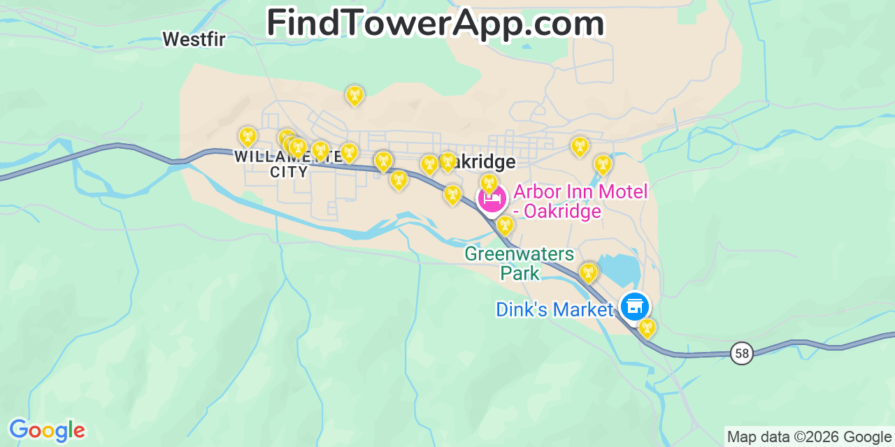 Map showing the 20 primary cell tower locations detected in Oakridge, Oregon from AT&T, Verizon, and T-Mobile networks