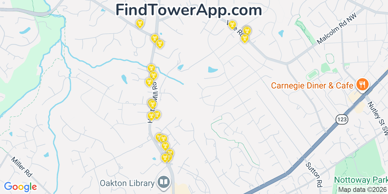 Map showing the 20 primary cell tower locations detected in Oakton, Virginia from AT&T, Verizon, and T-Mobile networks