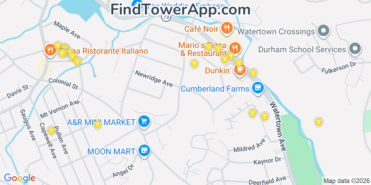 Map showing the 20 primary cell tower locations detected in Oakville, Connecticut from AT&T, Verizon, and T-Mobile networks