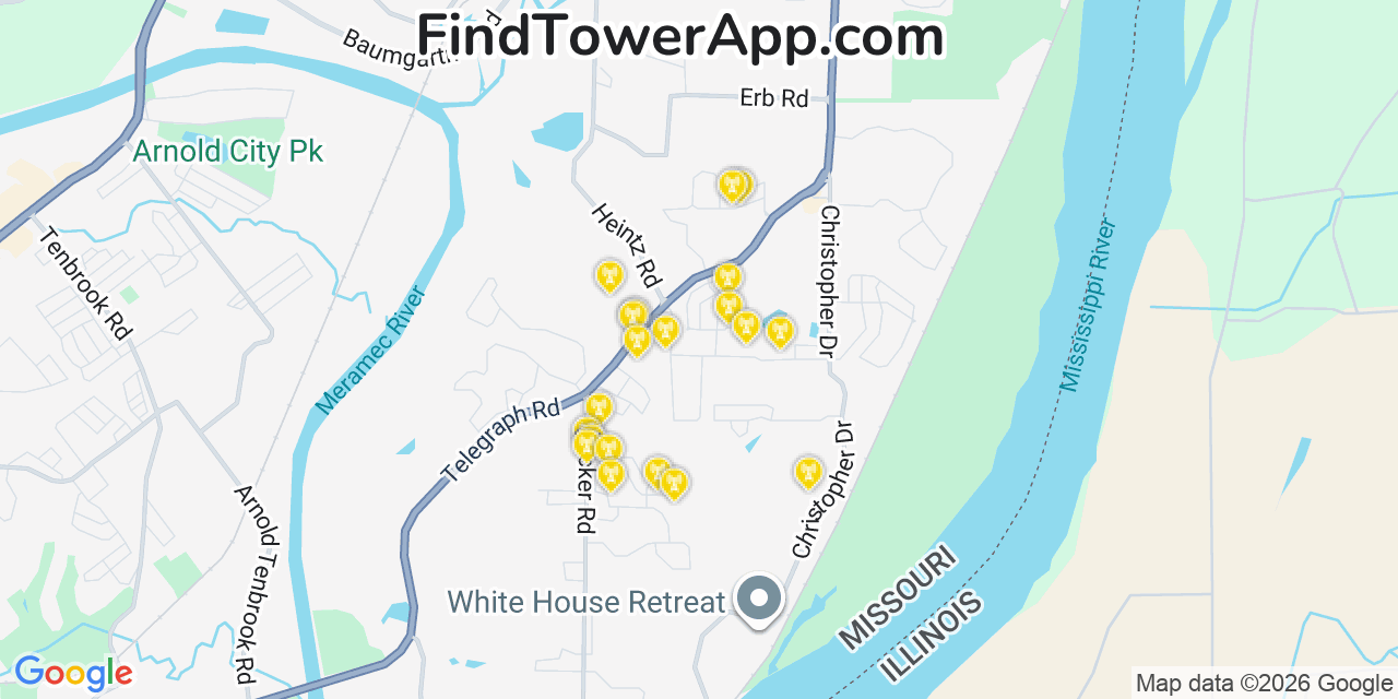 Map showing the 20 primary cell tower locations detected in Oakville, Missouri from AT&T, Verizon, and T-Mobile networks
