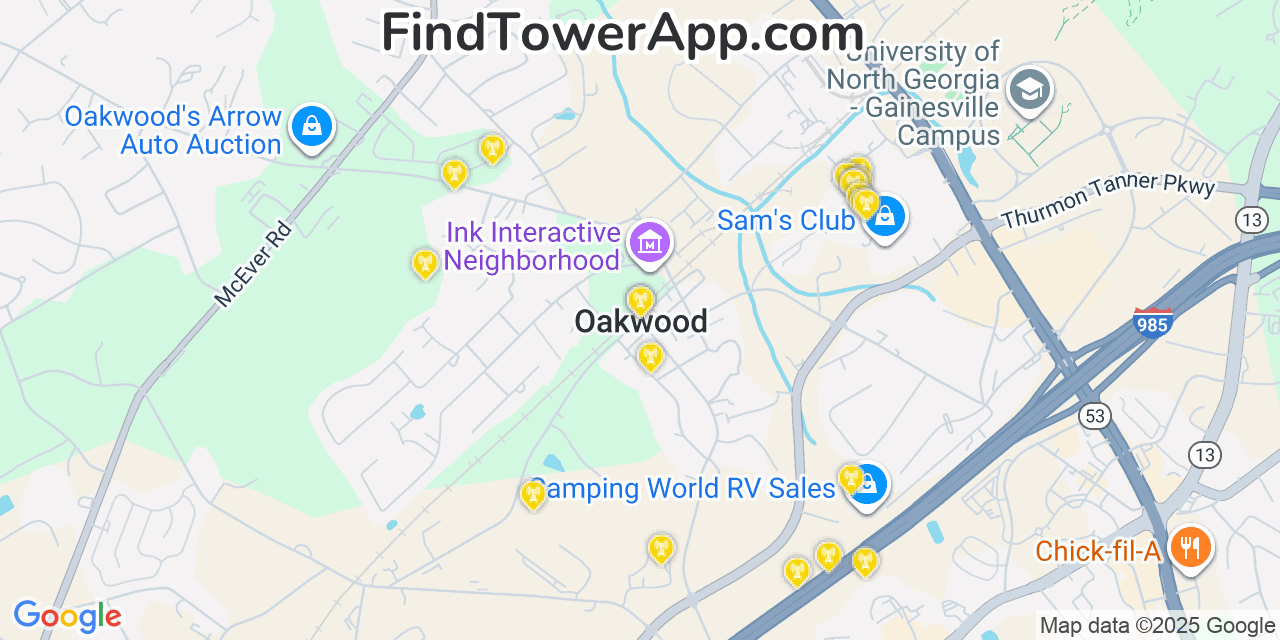 Map showing the 20 primary cell tower locations detected in Oakwood, Georgia from AT&T, Verizon, and T-Mobile networks
