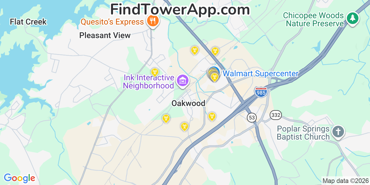 Map showing the 20 primary cell tower locations detected in Oakwood, Georgia from AT&T, Verizon, and T-Mobile networks