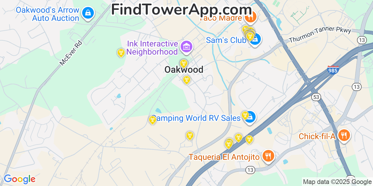 Map showing the 20 primary Mobitel cell tower locations detected in Oakwood, Georgia with coverage radius and signal strength indicators