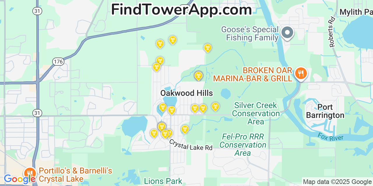 Map showing the 20 primary cell tower locations detected in Oakwood Hills, Illinois from AT&T, Verizon, and T-Mobile networks