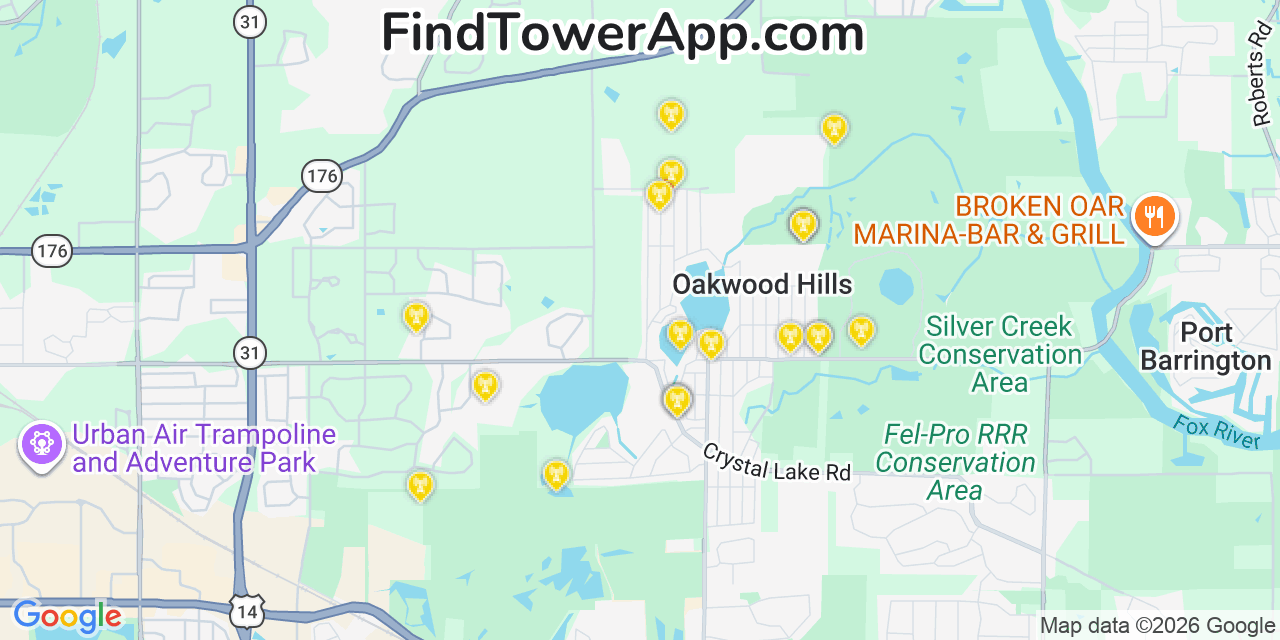 Map showing the 20 primary cell tower locations detected in Oakwood Hills, Illinois from AT&T, Verizon, and T-Mobile networks