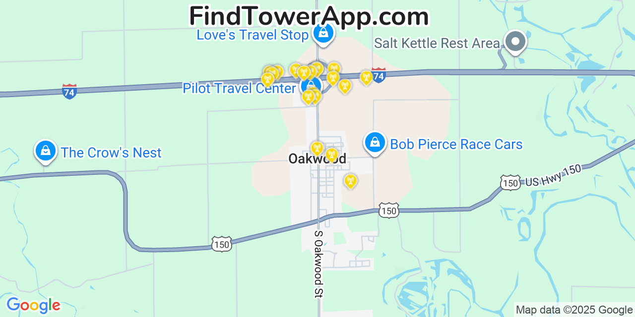 Map showing the 20 primary cell tower locations detected in Oakwood, Illinois from AT&T, Verizon, and T-Mobile networks