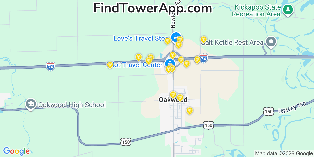 Map showing the 20 primary cell tower locations detected in Oakwood, Illinois from AT&T, Verizon, and T-Mobile networks