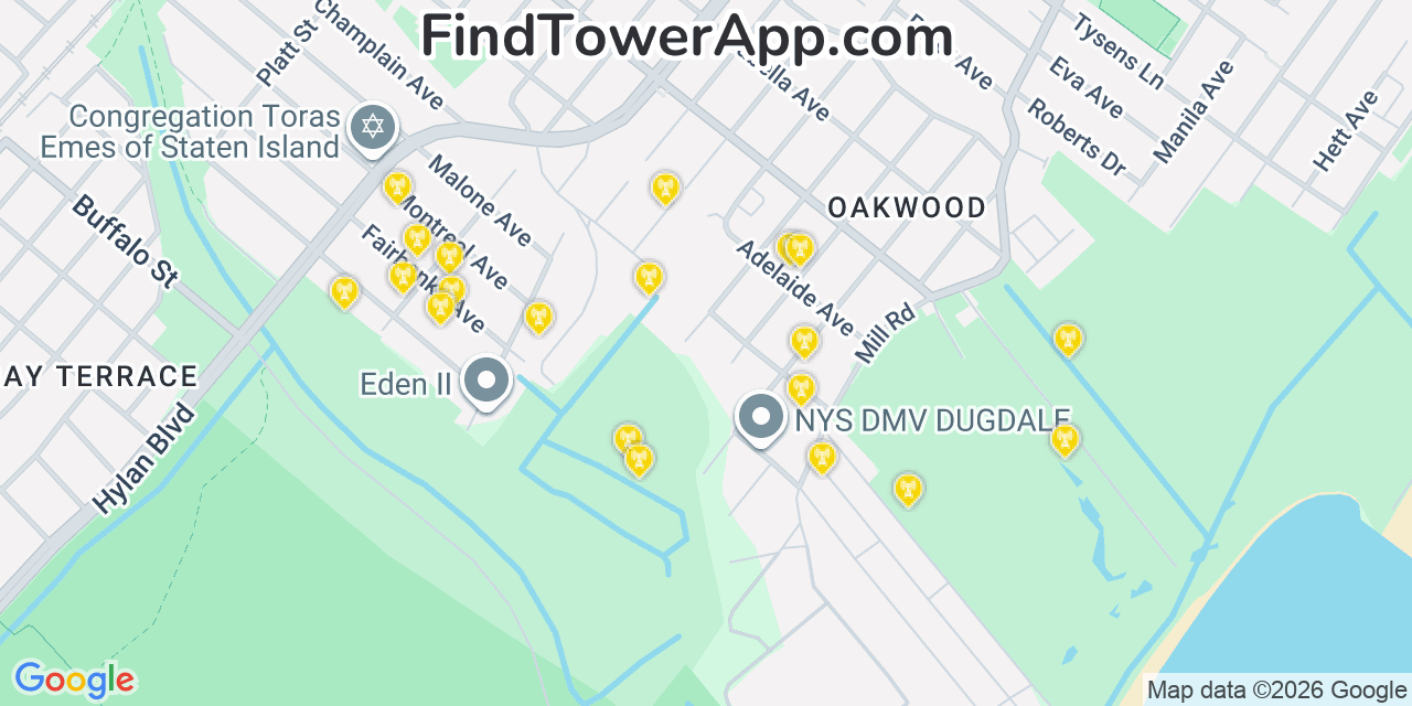Map showing the 20 primary cell tower locations detected in Oakwood, New York from AT&T, Verizon, and T-Mobile networks