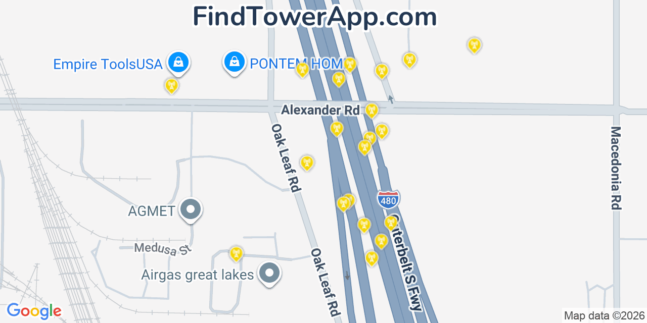 Map showing the 20 primary cell tower locations detected in Oakwood, Ohio from AT&T, Verizon, and T-Mobile networks