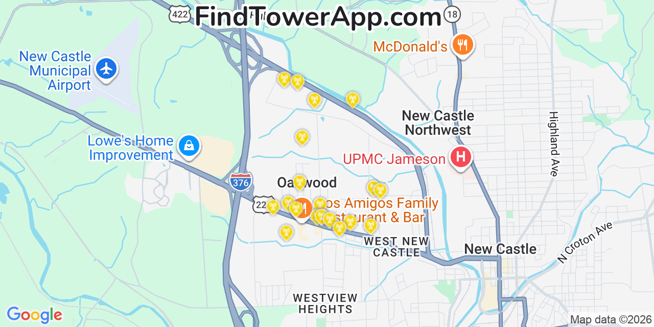 Map showing the 20 primary cell tower locations detected in Oakwood, Pennsylvania from AT&T, Verizon, and T-Mobile networks