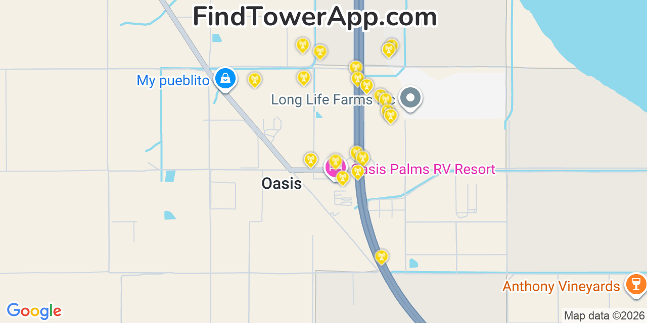 Map showing the 20 primary cell tower locations detected in Oasis, California from AT&T, Verizon, and T-Mobile networks