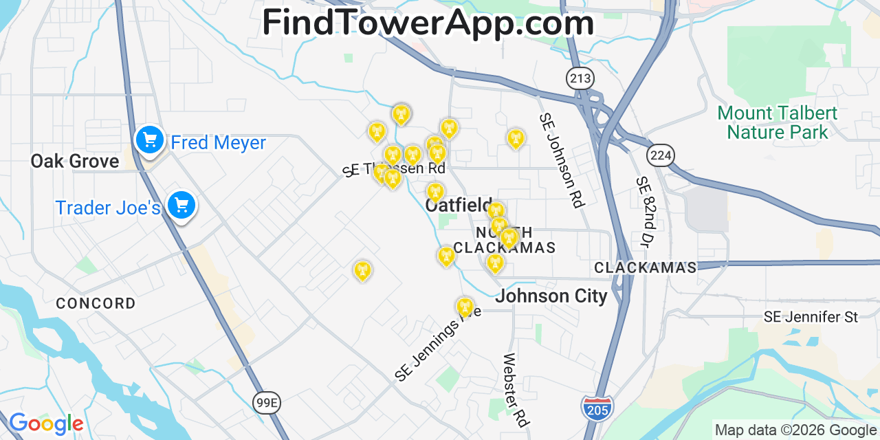Map showing the 20 primary cell tower locations detected in Oatfield, Oregon from AT&T, Verizon, and T-Mobile networks