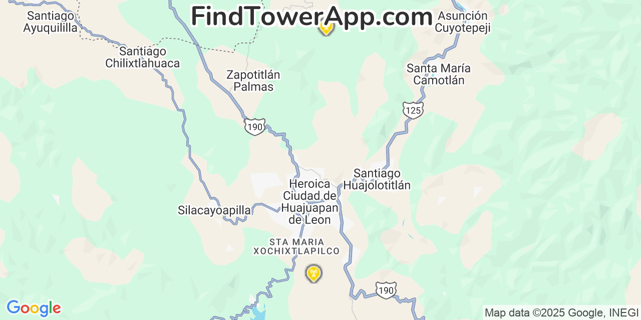 Map showing the 20 primary AT&T cell tower locations in Oaxaca, Mexico