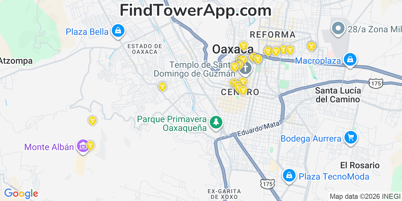 Map showing the 28 primary Altan Redes cell tower locations in Oaxaca, Mexico
