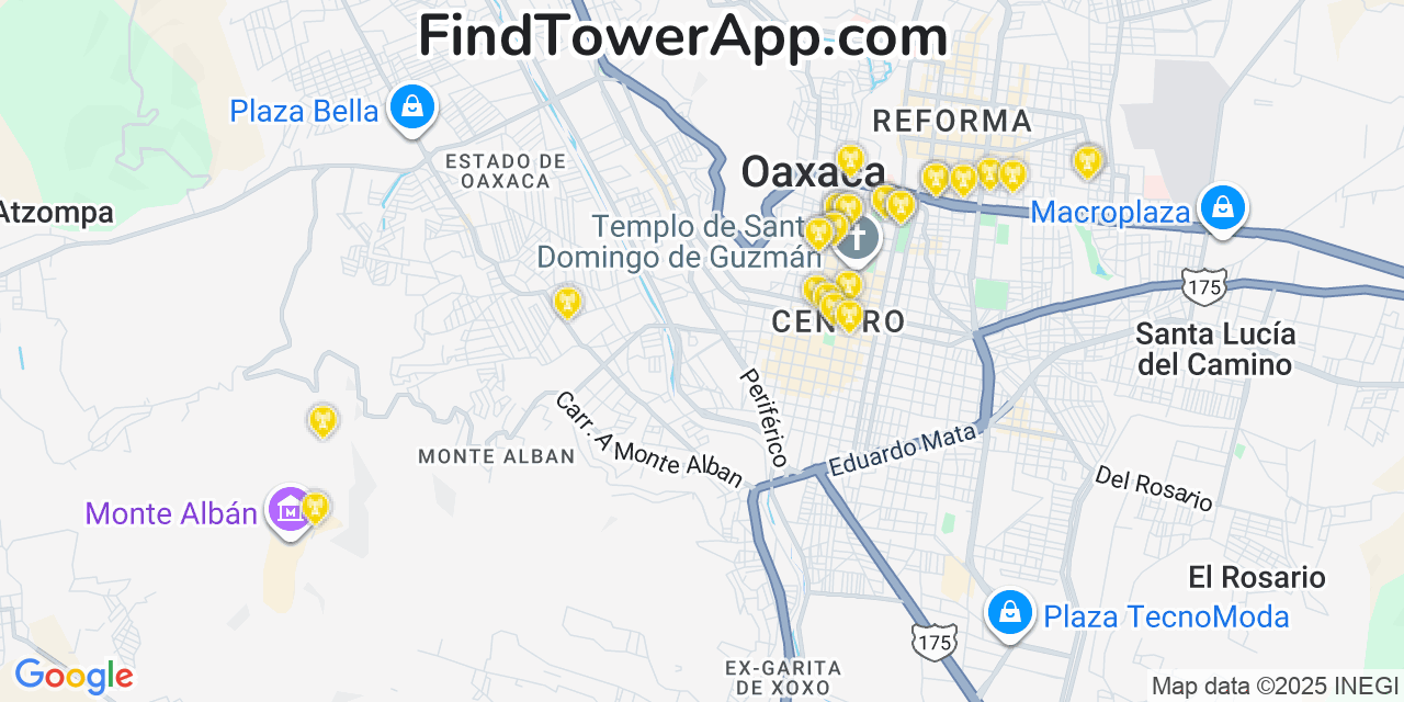 Map showing the 28 primary Altán Redes S.A.P.I. de C.V. cell tower locations in Oaxaca, Mexico