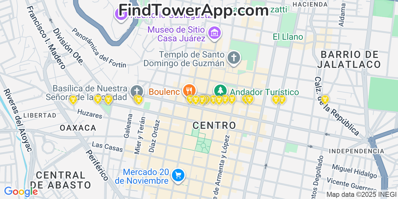 Map showing the 20 primary cell tower locations detected in Oaxaca, Mexico with coverage areas and signal strength